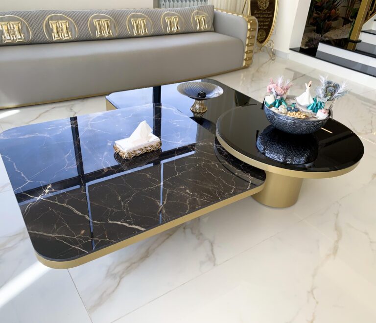 Top view of the black and gold marble on top of the center table
